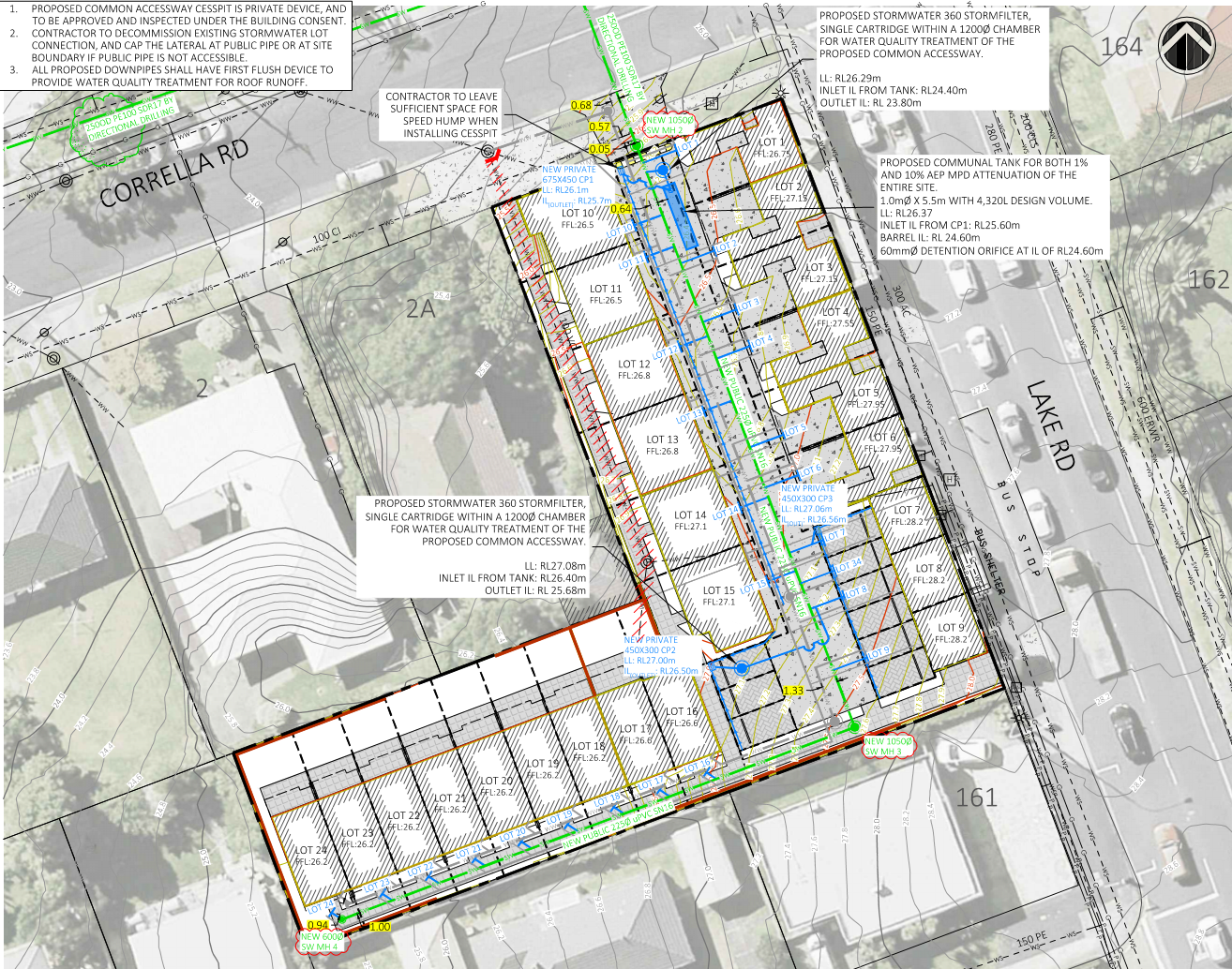 Stormwater and Infrastructure Plan – 163 & 165 Lake Road, Belmont Stormwater design showing public berm pipe thrusting and accessway coordination – 163 & 165 Lake Road, Belmont Auckland
