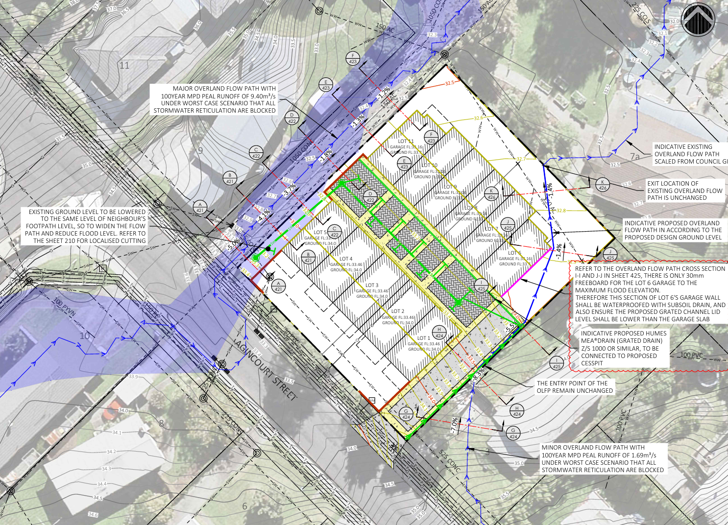 Stormwater and Overland Flowpath Design – Glenfield Subdivision tormwater design plan showing overland flowpath redirection – Glenfield, Auckland