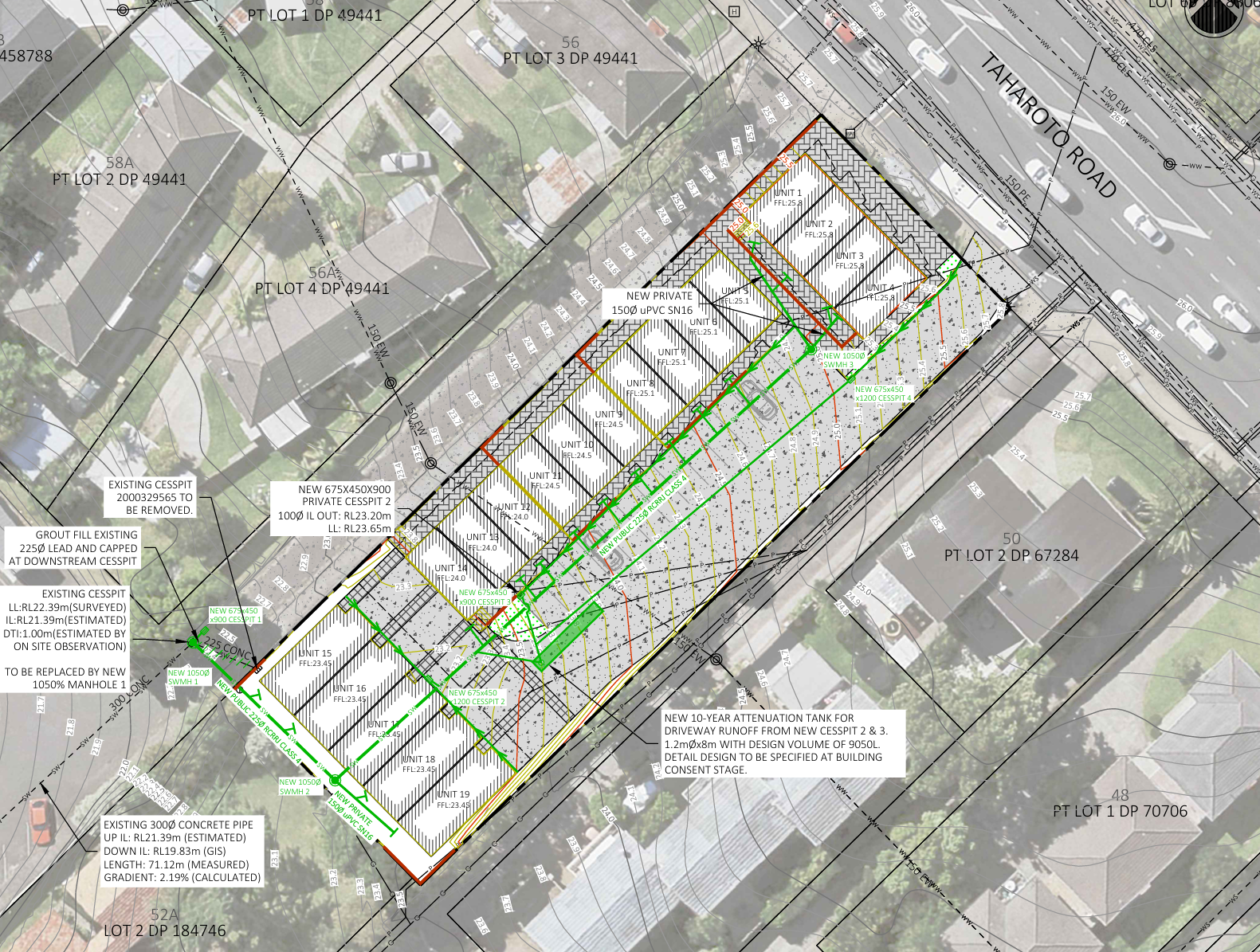 Stormwater and Accessway Plan – 54 Taharoto Road, Takapuna Stormwater plan showing public pipe routing and accessway layout – 54 Taharoto Road, Takapuna Auckland
